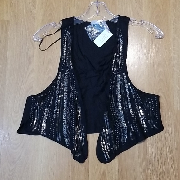 Suzy Shier black open vest with sequins/beads XL - Picture 6 of 8